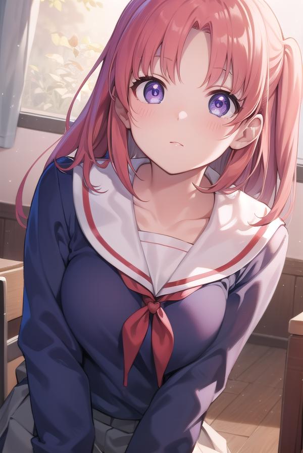 Anime girl with pink hair and blue eyes sitting on a chair - SeaArt AI