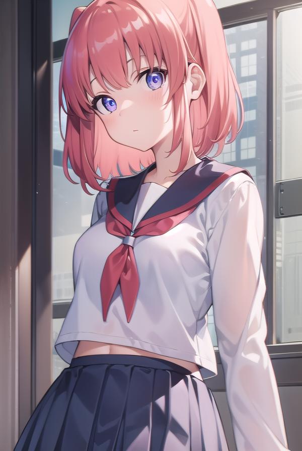 Anime girl with pink hair and blue eyes standing in front of a window ...