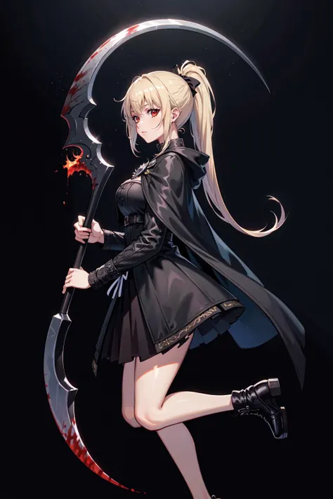 best quality, highres, absurdres, full body, (ultra-detailed:1.1025), ), ***********, patent drawings, dark theme, 1girl, silver hair, high ponytail, red eyes, reflection, night, from side, action, jumping, cold, blonde hair, bare legs, torn clothes, gradient background, ash, flying ash, dust, stationery, (, solo, ), cohesive background, (, character sheet, ), thin, full body, long dress, flying, scythe, big scythe, black fire, black flame, white flame, cold, ice, gothic, scythe, big scythe, monster, huge weapon, weapon, (, (best quality), ), (, (masterpiece), ), (, (ultra-detailed), ), (, illustration, ), (, detailed light, ), (, an extremely delicate and beautiful, ), (, (a beautiful girl:1.4), ), (, (cowboy shot), ), (, (standding), incredibly_absurdres, wallpaper, highres, artbook, death, ((Death Scythe)), Scythe, cloak, black background, bone, Monster, saint-like, Frightening, Perfect weapon, Death, Death, Death darksouls, blood stain, bloodborne, dark, (masterpiece), (best quality), (super delicate), (best illustration), (an extremely delicate and beautiful), (intricate detail), (depth of field), (extremely detailed), extremely detailed, 32K UHD, absurdres, super-resolution, Canon EOS MARK IV