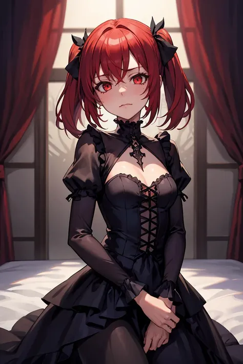 (masterpiece, best quality), 1girl, red hair, medium chest, gothic frill dress, pervert face,