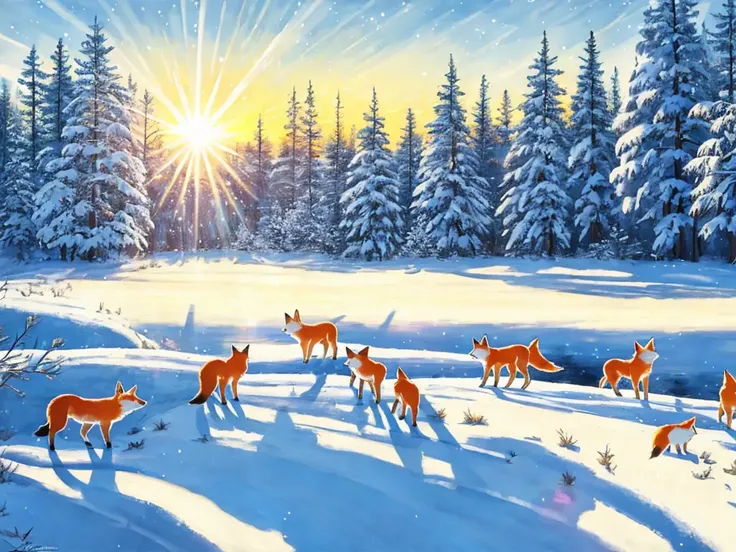 (8k, best quality, masterpiece:1),(best quality:1.0), (ultra highres:1.0), the sun reflects off a snowy field, with foxes, smooth lines, luminous bright design, pastel colors, (ink), extremely detailed, 4k, beautiful