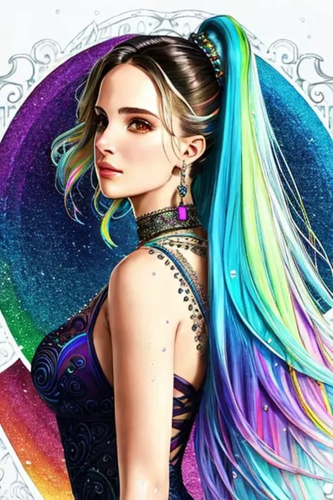 sexy woman portrait full of colorful rainbow dust which is glowing; her hair is also glowing rainbow colors; the background is rainbow road; full high quality ,dreamlike,4k,high quality,centered,cinematic lights, 4k,unreal engine,cinematic look,trending on artstation,ponytails, epic realistic, photo, faded, complex stuff around, intricate background, soaking wet, intricate scene, artstation, intricate details, vignette, natalie portman, open neckline