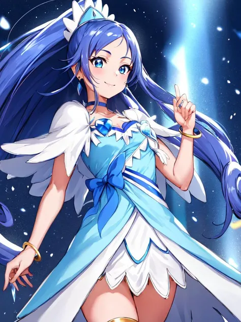 masterpiece, best quality, looking_at_viewer, depth_of_field, cowboy_shot,
1girl, <lora:locon_cure_diamond_01:0.9>, cure diamond,  capelet, gem, blue dress, yellow bracelet, blur ribbon, earrings, white legwear,
smile, standing, gradient_background, sky,