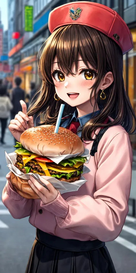 (masterpiece), best quality, (((ultra detailed, 8k quality))), expressive eyes, perfect face, perfect anatomy, perfect body, scene, <lora:scene_:0.7>, <lora:more_details:0.7>, <lora:beautiful_detailed_eyes:0.5>, <lora:GoodHands-vanilla:1>, <lora:give_it_a_name:0.7>,
<lora:mugenkurumi-nvwls-v1:0.8> mugenkurumi, road, road maker, 1girl, badge, blush, building, burger, city, cup, drinking straw, earrings, food, hair ornament, hat, holding, holding food, jacket, jewelry, long sleeves, looking at viewer, open mouth, smile, solo, traditional media, upper body