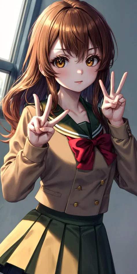 (masterpiece), best quality, (((ultra detailed, 8k quality))), expressive eyes, perfect face, perfect anatomy, perfect body, scene, <lora:scene_:0.7>, <lora:more_details:0.7>, <lora:beautiful_detailed_eyes:0.5>, <lora:GoodHands-vanilla:1>, <lora:give_it_a_name:0.7>,
<lora:mugenkurumi-nvwls-v1:0.8> mugenkurumi,school uniform, sailor collar, red bowtie, (brown shirt:1.2), buttons, long sleeves, pleated skirt, black skirt, , upper body, window, head tilt, dutch angle, (((peace sign)))