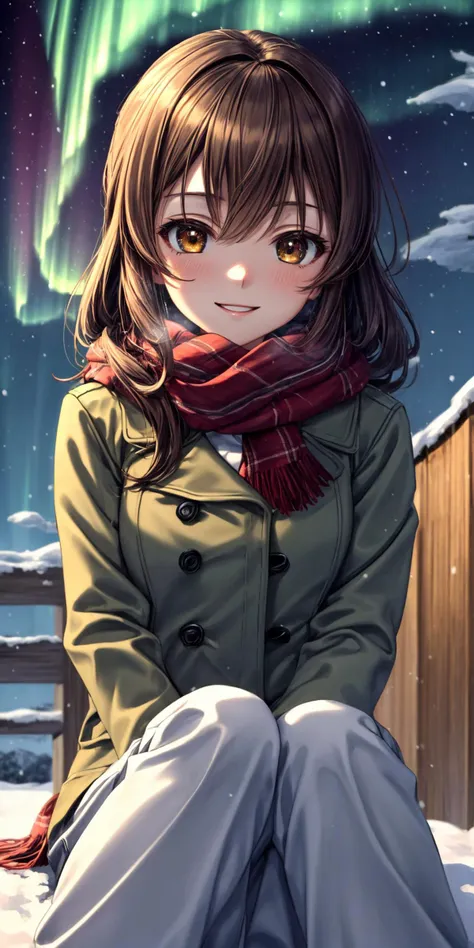 (masterpiece), best quality, (((ultra detailed, 8k quality))), expressive eyes, perfect face, perfect anatomy, perfect body, scene, <lora:scene_:0.7>, <lora:more_details:0.7>, <lora:beautiful_detailed_eyes:0.5>, <lora:GoodHands-vanilla:1>, <lora:give_it_a_name:0.7>,
, 21 years old, detailed skin texture, (blush:0.5), (goosebumps:0.5), subsurface scattering, smiling, scarf, puffy winter jacket, winter pants, sitting, (night, aurora borealis, snow covered landscape) <lora:mugenkurumi-nvwls-v1:0.8> mugenkurumi,