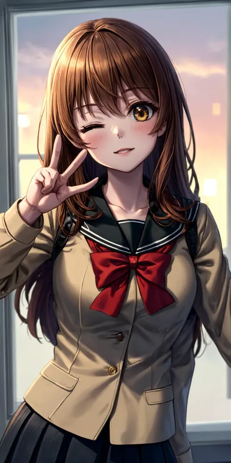 (masterpiece), best quality, (((ultra detailed, 8k quality))), expressive eyes, perfect face, perfect anatomy, perfect body, scene, <lora:scene_:0.7>, <lora:more_details:0.7>, <lora:beautiful_detailed_eyes:0.5>, <lora:GoodHands-vanilla:1>, <lora:give_it_a_name:0.7>,
<lora:mugenkurumi-nvwls-v1:0.8> mugenkurumi,school uniform, sailor collar, red bowtie, (brown shirt:1.2), buttons, long sleeves, pleated skirt, black skirt, , upper body, window, one eye closed, head tilt, dutch angle, (((peace sign)))