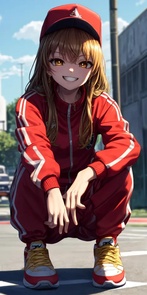 (masterpiece), best quality, (((ultra detailed, 8k quality))), expressive eyes, perfect face, perfect anatomy, perfect body, scene, <lora:scene_:0.7>, <lora:more_details:0.7>, <lora:beautiful_detailed_eyes:0.5>, <lora:GoodHands-vanilla:1>, <lora:give_it_a_name:0.7>,
<lora:mugenkurumi-nvwls-v1:0.8> mugenkurumi, street, slav squatting,cinematic angle, air_jordan_1,track suit,grin,gold chain,jewelry,yellow footwear,grin,baseball cap