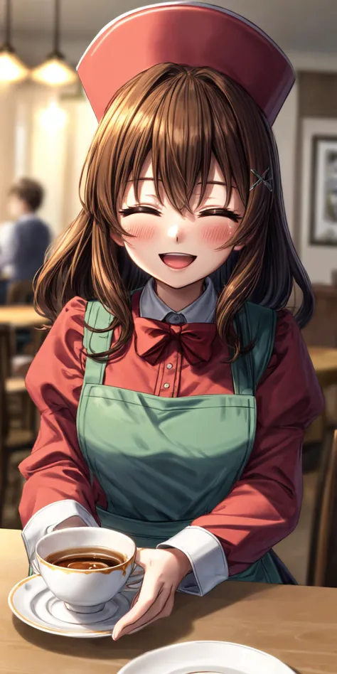 (masterpiece), best quality, (((ultra detailed, 8k quality))), expressive eyes, perfect face, perfect anatomy, perfect body, scene, <lora:scene_:0.7>, <lora:more_details:0.7>, <lora:beautiful_detailed_eyes:0.5>, <lora:GoodHands-vanilla:1>, <lora:give_it_a_name:0.7>,
<lora:mugenkurumi-nvwls-v1:0.8> mugenkurumi, apron, blue bow, blurry, blurry background, blush, bow, bowtie, cafe, closed eyes, cup, facing viewer, hair ornament, hat, indoors, long sleeves, open mouth, plate, saucer, smile, solo, table, teacup, waitress, x hair ornament