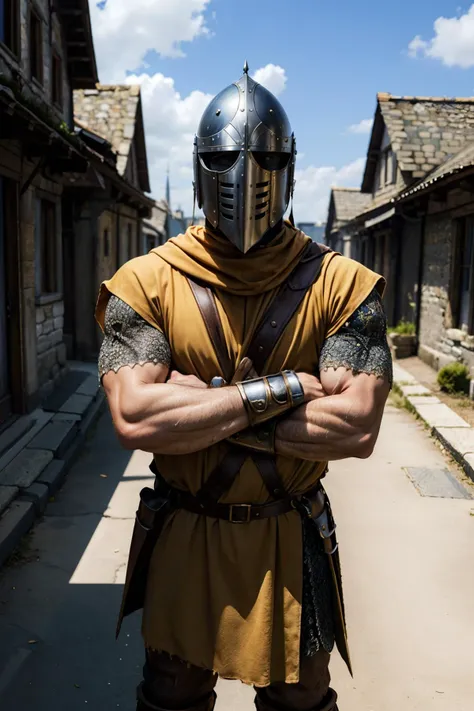 wrguard,male, muscular, helmet, armor, looking at viewer, standing, arms crossed, in a medieval village, blue sky, extreme detail, hdr, fantasy quality, <lora:WRGuard:.5>