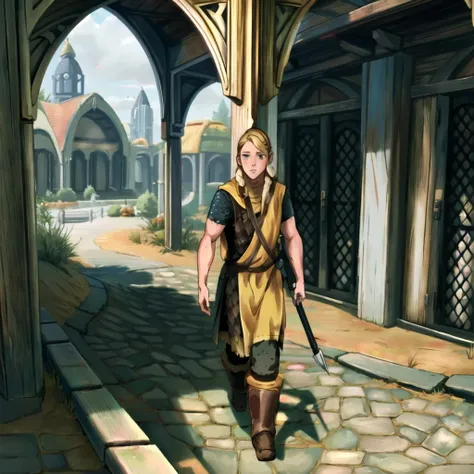 <lora:WRGuard:1> 1girl, wrguard, outdoors, walking, no helmet, blonde hair, braid, fantasy, medieval town