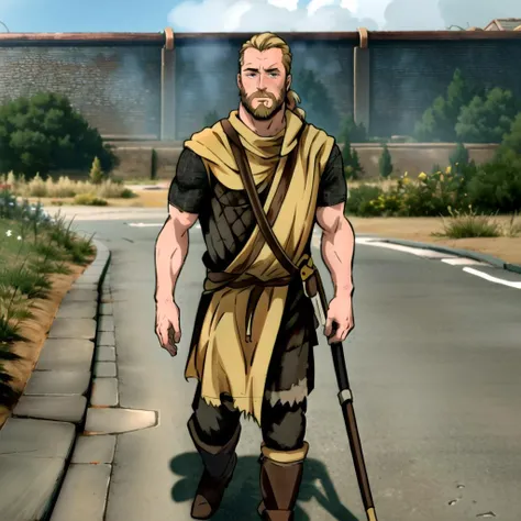 <lora:WRGuard:1> 1boy, wrguard, outdoors, walking, no helmet, blonde hair, beard, ponytail
