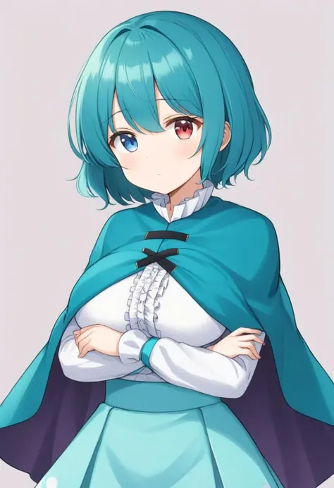1girl, Kogasa Tatara, short teal hair, (heterochromia: blue right eye, red left eye), blue capelet, frills, white long-sleeved shirt, frills, (white blouse: 1.1), (white shirt: 1.1), teal skirt, high-waist skirt, cartoon, detailed clothes, thin female, cyan shawl, masterpiece, hands on face, large breasts