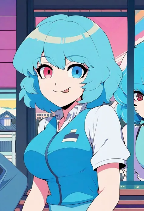 masterpiece, best quality,
anime style,
1girl, tatara kogasa, touhou,
blue hair, short hair, heterochromia,
makeup, eyeshadow, eyelashes, lip,
large breasts,
blue vest,
umbrella,
smile,
tongue,
upper body,
japanese veranda,
retro style,
colorful, Pastel Colors,
(city pop illustration), (city pop arts),
(vaporwave city pop), (80's city pop:1.1),
(city pop anime),
Kyoto Animation, 80's fashion,