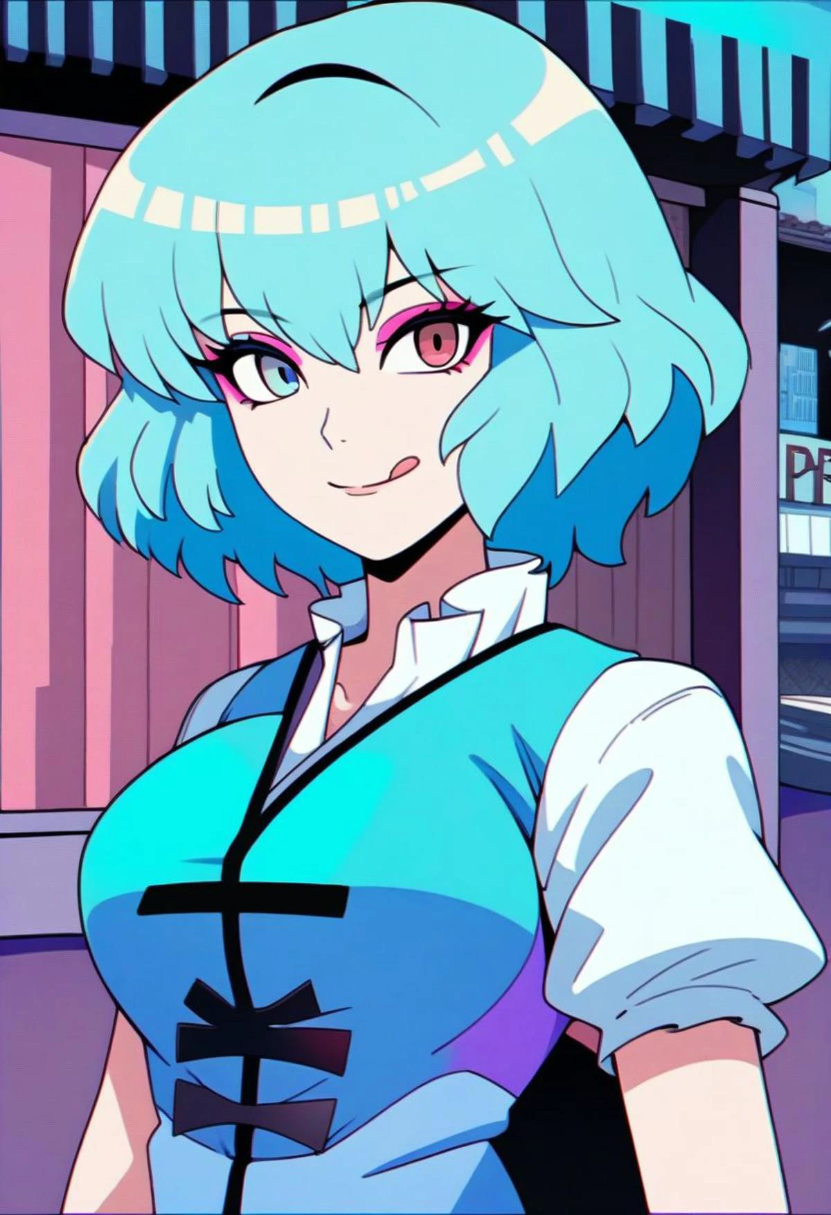 masterpiece, best quality,
anime style,
1girl, solo, tatara kogasa, touhou,
blue hair, short hair, heterochromia,
makeup, eyeshadow, eyelashes, lip,
large breasts,
blue vest,
smile,
tongue,
constricted pupils,
upper body,
japanese veranda,
retro style,
colorful, Pastel Colors,
(city pop illustration), (city pop arts),
(vaporwave city pop), (80's city pop:1.1),
(city pop anime),
Kyoto Animation,