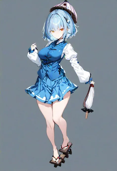 masterpiece, best quality, ultra-detailed, beautiful, nai3, 1girl, solo, full_body, tachi-e,
tatara_kogasa, heterochromia, blue_hair, short_hair, red_eye, light_blue_hair, blue_vest, shirt, puffy_sleeves, long_sleeves, skirt, blue_skirt, geta, umbrella, karakasa_obake,