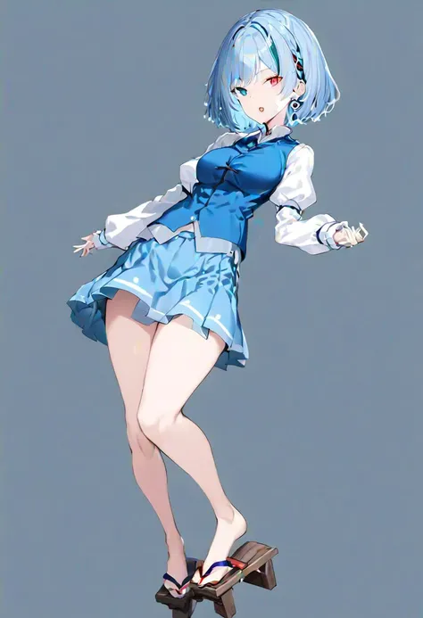 masterpiece, best quality, ultra-detailed, beautiful, nai3, 1girl, solo, full_body, tachi-e,
tatara_kogasa, heterochromia, blue_hair, short_hair, red_eye, light_blue_hair, blue_vest, shirt, puffy_sleeves, long_sleeves, skirt, blue_skirt, geta, umbrella, karakasa_obake,