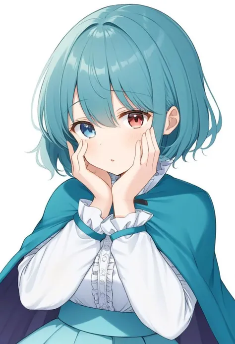 1girl, Kogasa Tatara, short teal hair, (heterochromia: blue right eye, red left eye), blue capelet, frills, white long-sleeved shirt, frills, (white blouse: 1.1), (white shirt: 1.1), teal skirt, high-waist skirt, cartoon, detailed clothes, thin female, cyan shawl, masterpiece, hands on face, large breasts