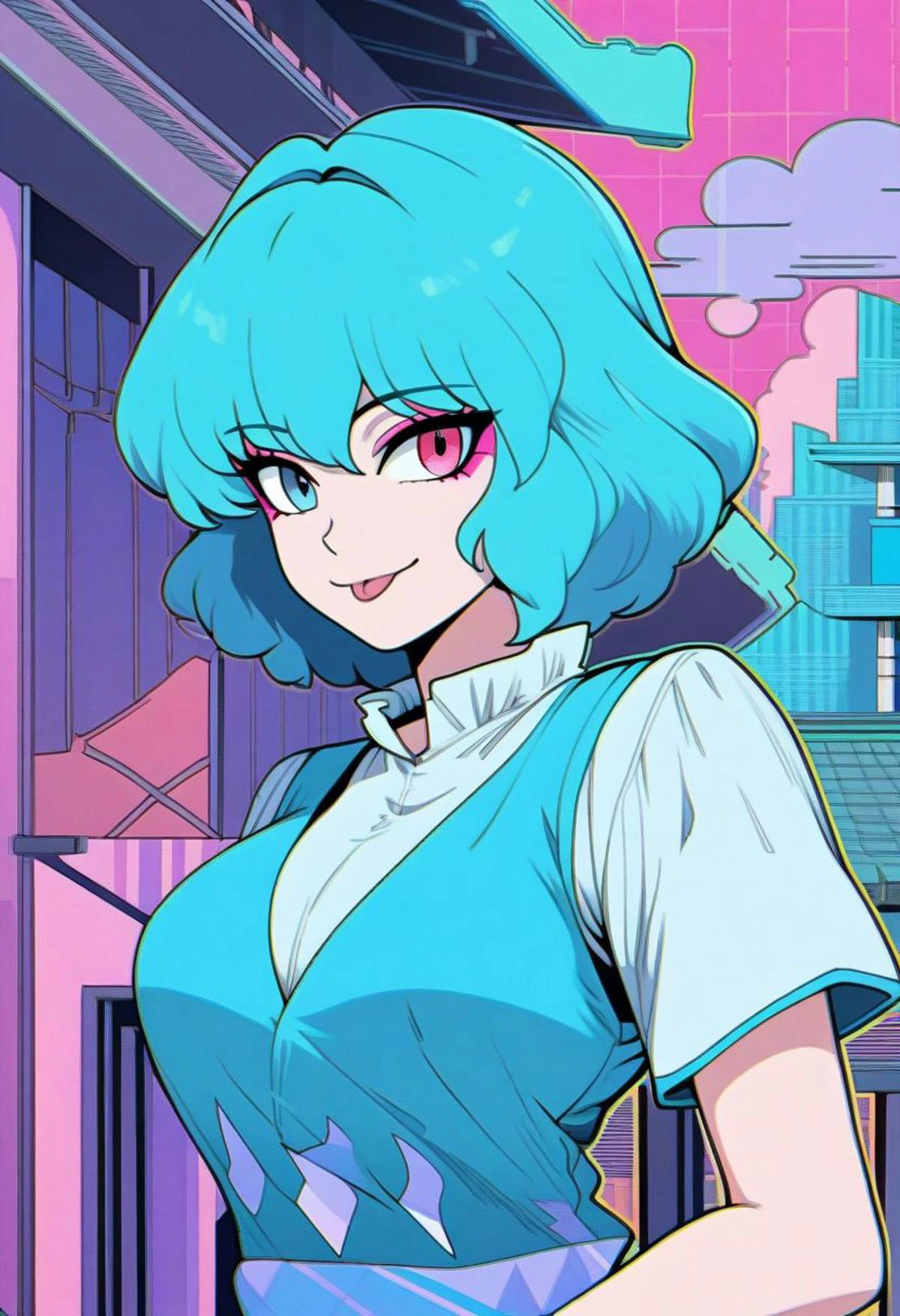 masterpiece, best quality,
anime style,
1girl, tatara kogasa, touhou,
blue hair, short hair, heterochromia,
makeup, eyeshadow, eyelashes, lip,
large breasts,
blue vest,
smile,
tongue,
upper body,
japanese veranda,
retro style,
colorful, Pastel Colors,
(city pop illustration), (city pop arts),
(vaporwave city pop), (80's city pop:1.1),
(city pop anime),
Kyoto Animation, 80's fashion,