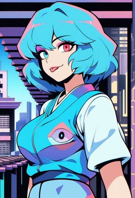 masterpiece, best quality,
anime style,
retro style,
1girl, solo, tatara kogasa, touhou,
blue hair, short hair, heterochromia,
makeup, eyeshadow, eyelashes, lip,
large breasts,
blue vest,
smile,
tongue,
constricted pupils,
upper body,
japanese veranda,
colorful, pastel colors,
(city pop illustration), (city pop arts),
(vaporwave city pop), (80's city pop:1.5),
(city pop anime),