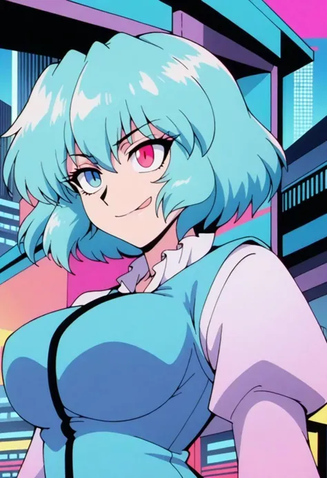 masterpiece, best quality,
anime style,
retro style,
retanime,
1girl, solo, tatara kogasa, touhou,
blue hair, short hair, heterochromia,
makeup, eyeshadow, eyelashes, lip,
large breasts,
blue vest,
smile,
tongue,
constricted pupils,
upper body,
japanese veranda,
colorful, pastel colors,
(city pop illustration), (city pop arts),
(vaporwave city pop), (80's city pop:1.5),
(city pop anime),