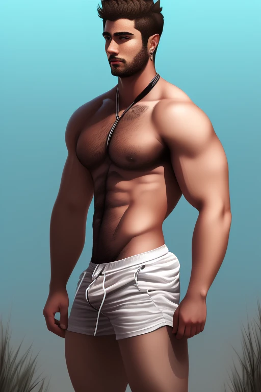 a young man with a bulge in his shorts, French settler, shirtless, bara, digital painting, masterpiece, realistic, detailed face, full body shot, 4k