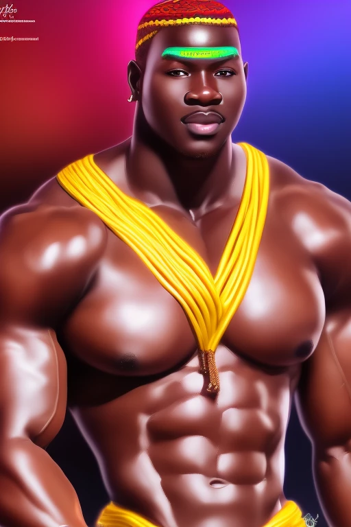 Senegalese man, bara, colorful lighting, digital painting, masterpiece, realistic, 4k, detailed face, thong, big bulge