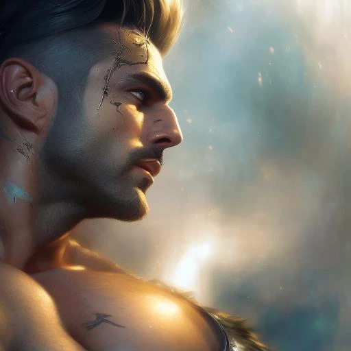 (one male) (front view) ((whole body)) ((muscular male, bodybuilder)), (large pectorals), (hairy), (chest hair, abdomen hair, arm hair, ass hair, leg hair), bare chested, epic, heroic, tanned, perfect face, short hair, blue eyes, smiling, looking at viewer, (small thong), (huge bulge), in a forest, highly detailed, artstation, volumetric light, by russ mills, by josephine wall, by Edwin Deakin