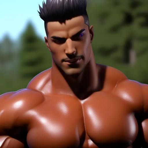 male focus front view full body1:5 muscular:1.4, bodybuilder, large pectorals, big nipples, sweaty, epic, heroic, realistic face, realistic eyes, (detailed facial features), highly detailed, volumetric light, wearing a ((thong)) with a (large bulge), stripper, dramatic pose, smiling, looking at viewer, nature setting