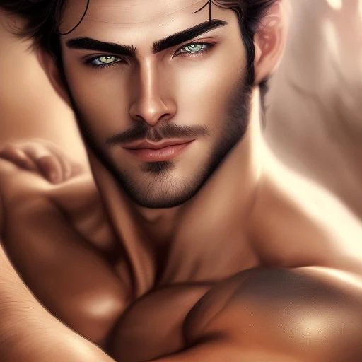 (1boy, one male) (male focus) (front view) (full body), ((muscular male)), (large pectorals), big nipples, slim hips and waist, (hairy), epic, heroic, realistic face, realistic eyes, (detailed facial features), (looking at viewer), (smile), highly detailed, volumetric light, by josephine wall, by Edwin Deakin