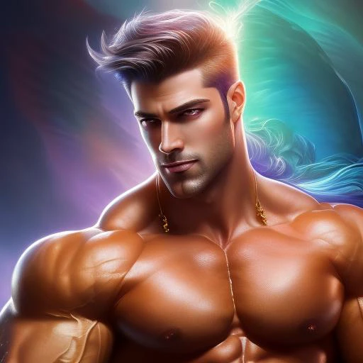 male focus, front view, (((whole body))) (((full body))), ((chest shoulders head)), ((muscular)), bodybuilder, (large pectorals), large nipples, masculine, fantasy, realistic face, realistic eyes, (detailed facial features), wearing a ((thong)) with a (large bulge), dramatic pose, (smile), looking at viewer, sunlit field setting, highly detailed, artstation, volumetric light, light rays, vibrant colors, by josephine wall, by Edwin Deakin