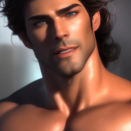 male focus, front view, (((whole body))) (((full body))), ((muscular)), bodybuilder, (large pectorals), large nipples, masculine, fantasy, realistic face, realistic eyes, (detailed facial features), wearing a ((thong)) with a (large bulge), dramatic pose, (smile), looking at viewer, sunlit meadow setting, highly detailed, artstation, volumetric light, light rays, vibrant colors, by josephine wall, by Edwin Deakin