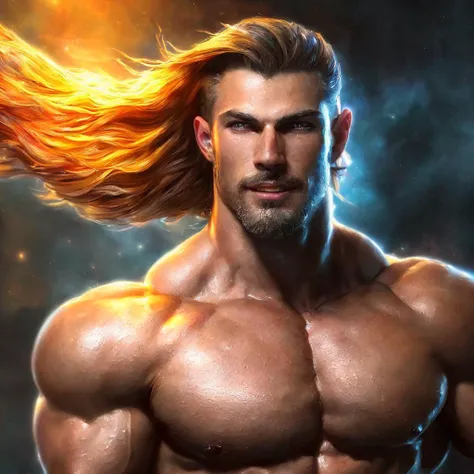 male focus, front view, (((whole body))) (((full body))), ((chest shoulders head)), ((muscular)), bodybuilder, ((large pectorals)), (long hair), large nipples, masculine, fantasy, realistic face, realistic eyes, (detailed facial features), wearing a ((thong)) with a (large bulge), dramatic pose, (smile), looking at viewer, sunlit field setting, highly detailed, artstation, volumetric light, light rays, vibrant colors, by josephine wall, by Edwin Deakin