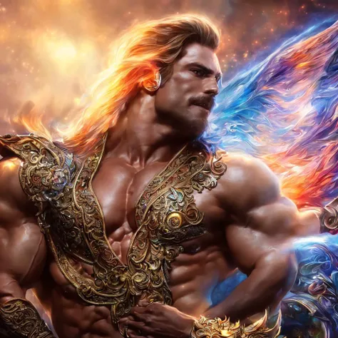 male focus, front view, (((whole body))) (((full body))), ((chest shoulders head)), ((muscular)), bodybuilder, ((large pectorals)), (long hair), large nipples, masculine, fantasy, realistic face, realistic eyes, (detailed facial features), wearing a ((thong)) with a (large bulge), dramatic pose, (smile), looking at viewer, sunlit field setting, highly detailed, artstation, volumetric light, light rays, vibrant colors, by josephine wall, by Edwin Deakin
