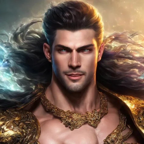 male focus, front view, (((whole body))) (((full body))), ((chest shoulders head)), ((muscular)), bodybuilder, ((large pectorals)), (long hair), large nipples, masculine, fantasy, realistic face, realistic eyes, (detailed facial features), wearing a ((thong)) with a (large bulge), dramatic pose, (smile), looking at viewer, sunlit field setting, highly detailed, artstation, volumetric light, light rays, vibrant colors, by josephine wall, by Edwin Deakin