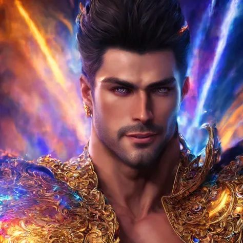 male focus, front view, (((whole body))) (((full body))), ((chest shoulders head)), ((muscular)), bodybuilder, ((large pectorals)), (long hair), large nipples, masculine, fantasy, realistic face, realistic eyes, (detailed facial features), wearing a ((thong)) with a (large bulge), dramatic pose, (smile), looking at viewer, sunlit field setting, highly detailed, artstation, volumetric light, light rays, vibrant colors, by josephine wall, by Edwin Deakin