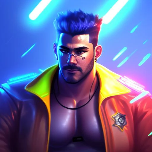 digital painting of cyberpunk police officer, bara, smoking a cigar, neon lighting, dramatic pose, detailed face, trending on artstation