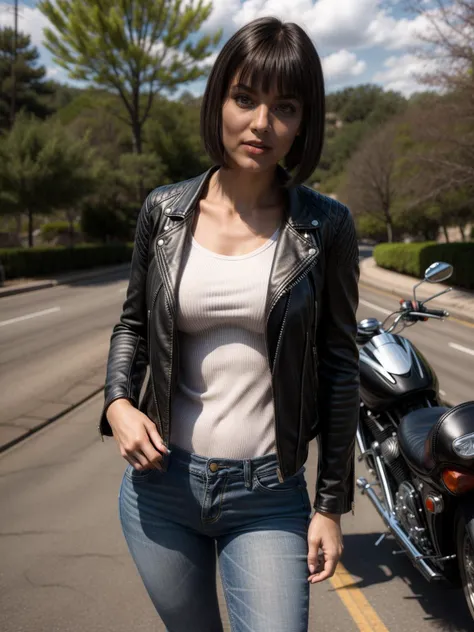 <lora:Girl_House_Vanessa:0.7>1girl, bangs, black hair, blunt bangs, bob cut, large breasts, tattoo,
BREAK,
Masterpiece, photorealistic, perfect lighting, vibrant colours, medium shot, <lora:add_detail:0.3>,
BREAK,
(road, highway), ((biker outfit, motorcycle, leather jacket))