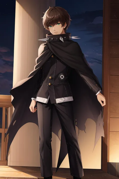 masterpiece, best quality, solo male, outdoors, <lora:zs_Zen:0.8> zenpq, brown hair, green eyes, dark skin, gakuran, cape, spiked collar, pants, boots, night
