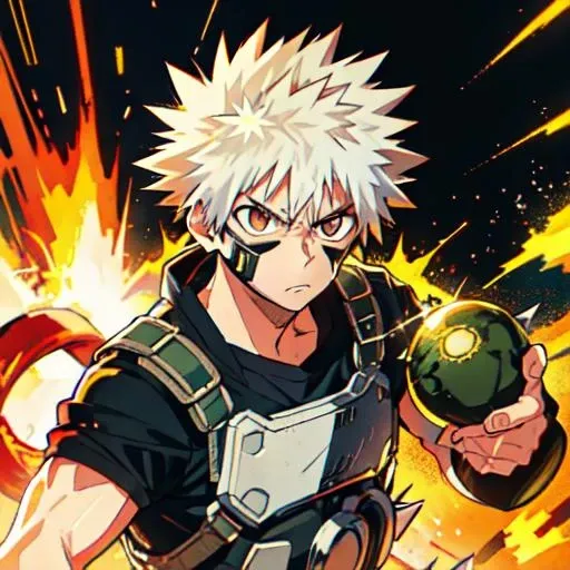 white hair, spiked hair, bare shoulders, grenade, bakugou katsuki, angry_face,explosion_background, Mask for eyes, orange eyes, <lora:(Bakugo-10:1.2):1>