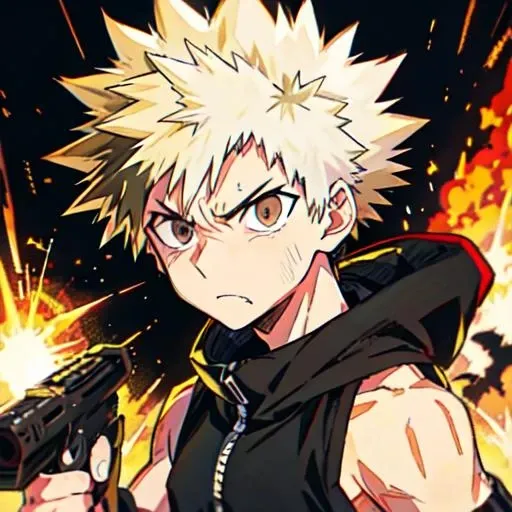 white hair, spiked hair, bare shoulders, grenade, bakugou katsuki, angry_face,explosion_background, <lora:(Bakugo-09:1.2):1>