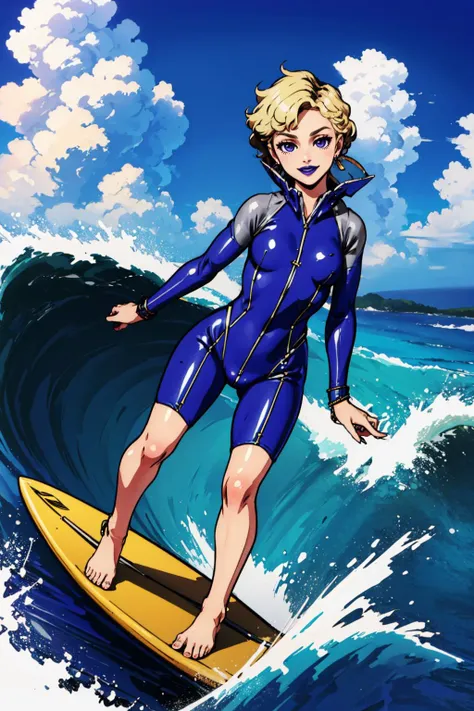 masterpiece, best quality, madamsmtii, jewelry, purple lips, very short hair, blonde hair, bodysuit, dress, <lora:zs_Madam:0.8> <lora:Surfing:0.8> surfing, waves, swimsuit, bikini, barefoot, ocean, blue sky, smile