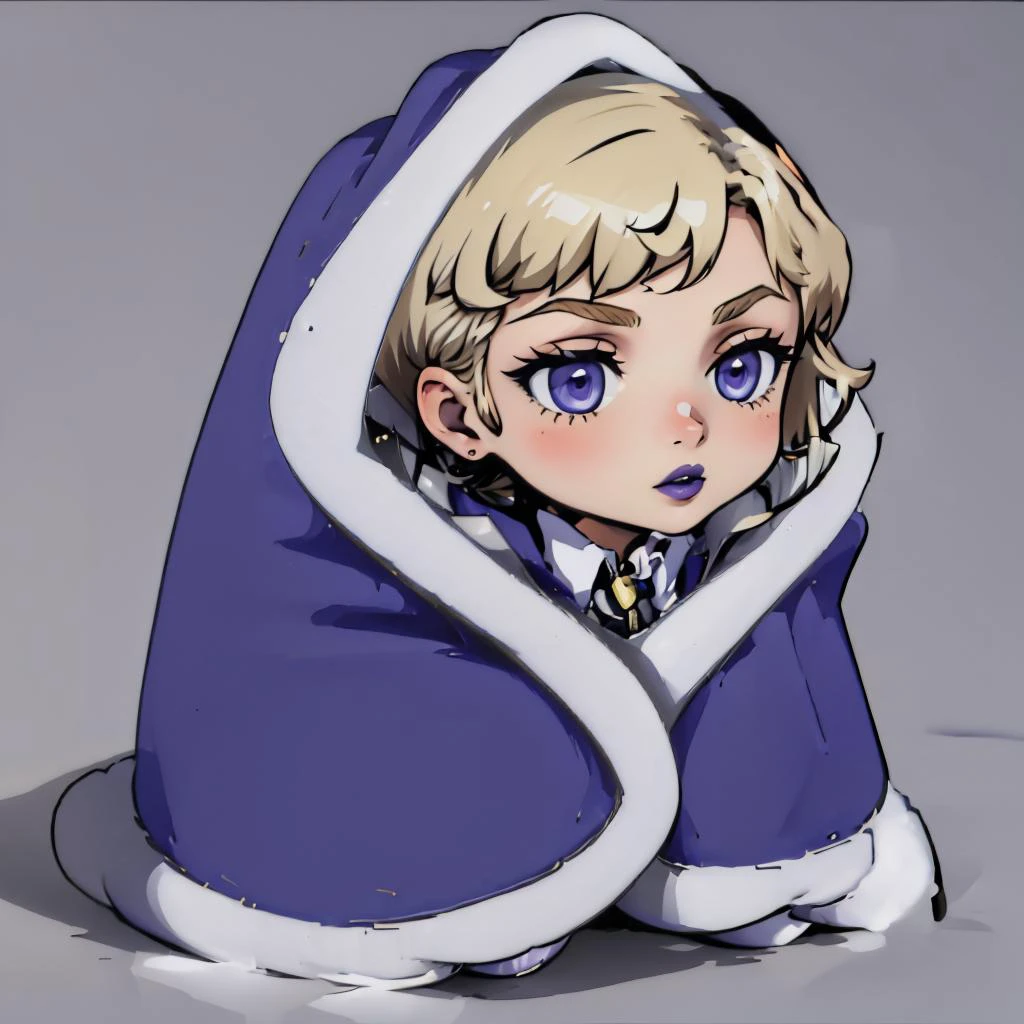 masterpiece, best quality, madamsmtii, jewelry, purple lips, very short hair, blonde hair, bodysuit, dress, <lora:zs_Madam:0.8> <lora:cozyblanket-nvwls-v1:1.1> cozyblanket, chibi, simple background