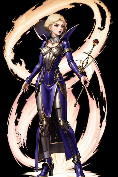 masterpiece, best quality, 1girl, solo, <lora:zs_Madam:0.8> madamsmtii, jewelry, purple lips, very short hair, blonde hair, bodysuit, dress, <lora:FEH_Concept_v2:1> (black background:1.5), simple background, full body, standing, fighting stance, magic, casting spell, looking away, open mouth,