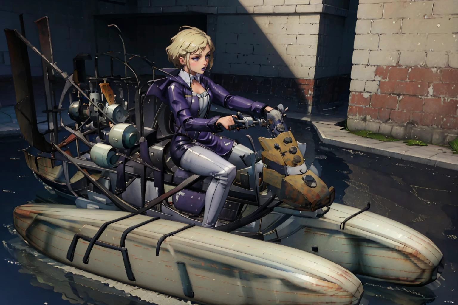 masterpiece, best quality, madamsmtii, jewelry, purple lips, very short hair, blonde hair, bodysuit, dress, <lora:zs_Madam:0.8> <lora:airboat-nvwls-v1-6-final:1> riding airboat