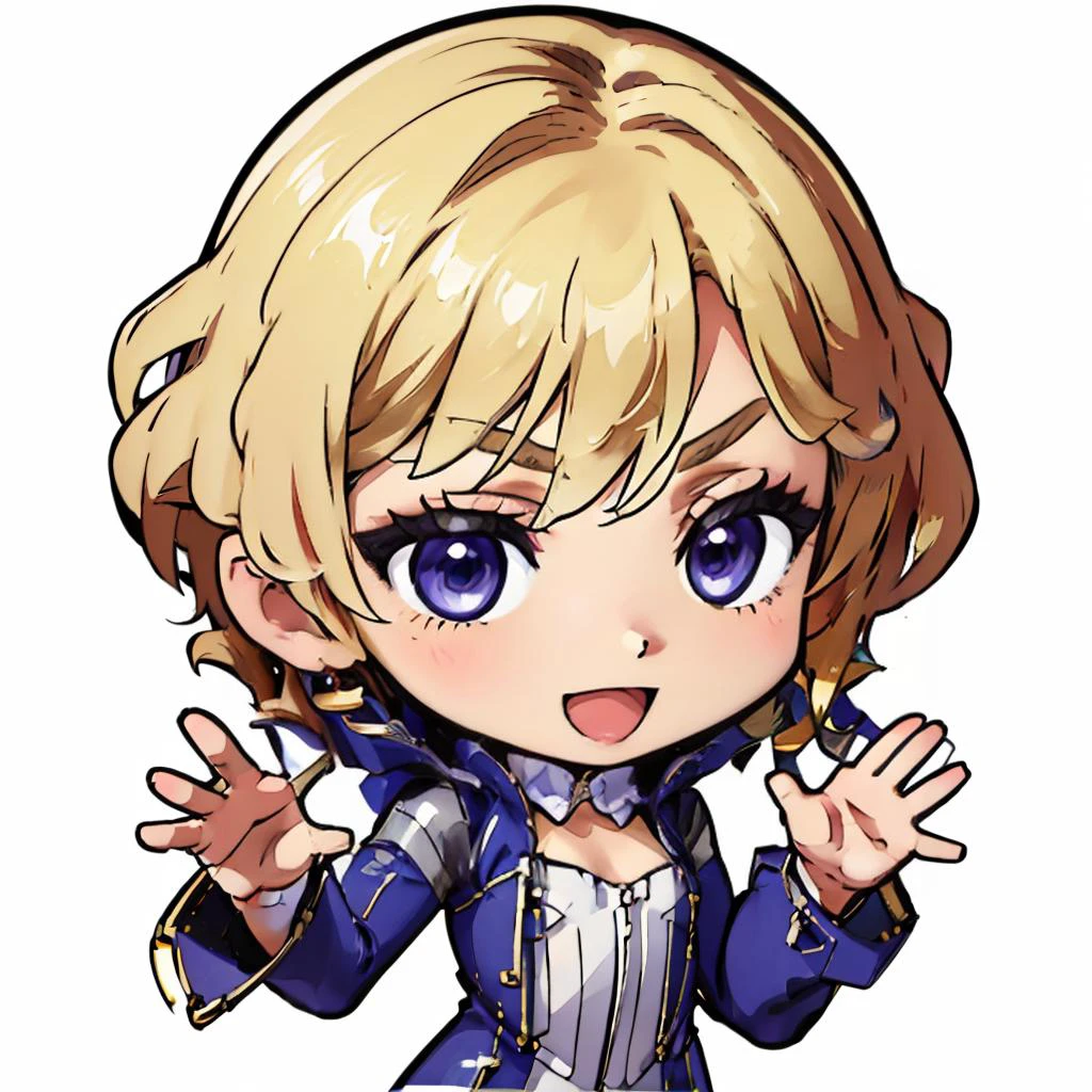 masterpiece, best quality, madamsmtii, jewelry, purple lips, very short hair, blonde hair, bodysuit, dress, <lora:zs_Madam:1> <lora:DarkCabalChibiStyle:1> chibi, white background, simple background, waving, :D, whole body