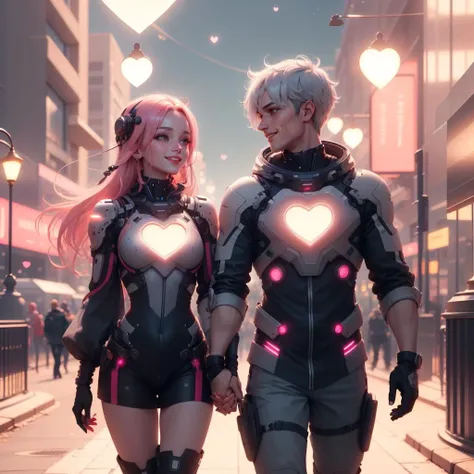 <lora:CupidTech-22:0.8>, cupidtech  ,scifi, 
light smile,
couple walking in the park, long hair , short hair ,glowing colored hair, glowing eyes,looking at another,