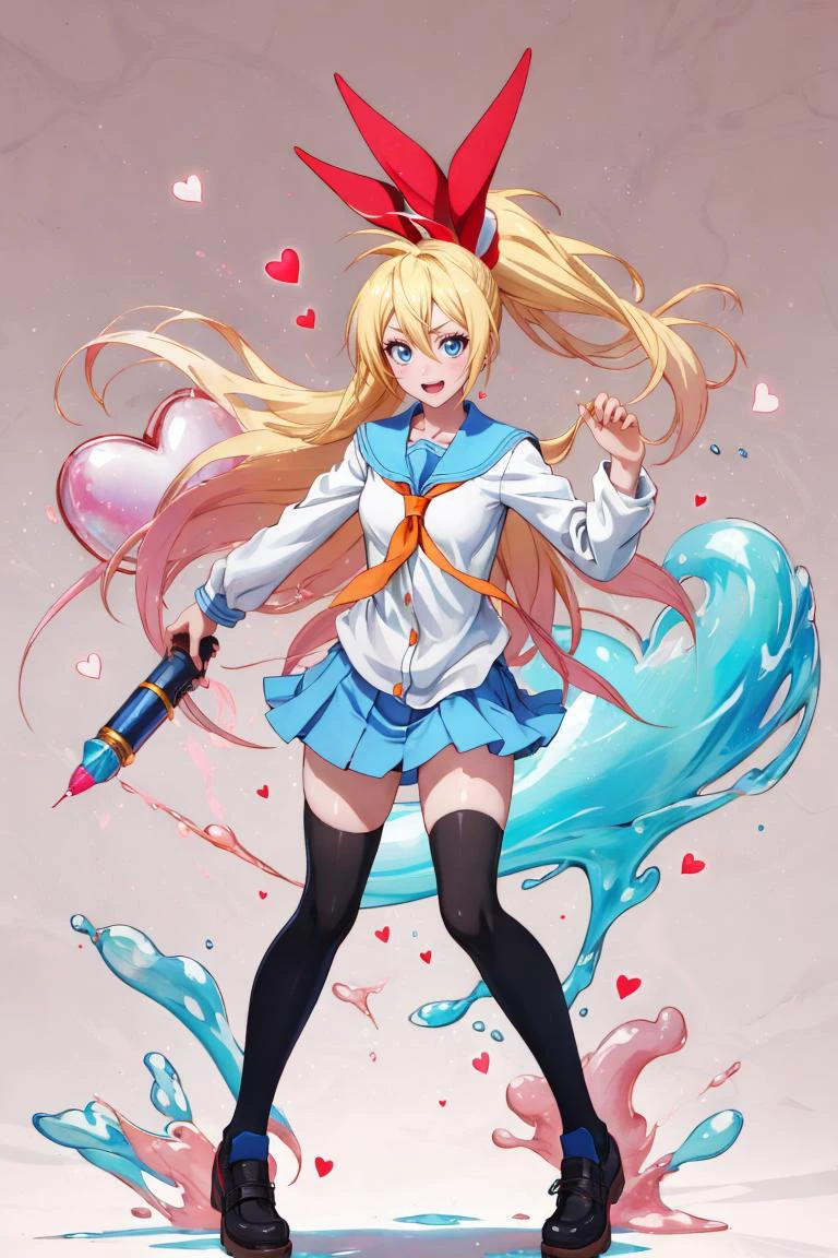 Masterpiece, Best Quality, cupidtech, 1girl kirisaki chitoge blonde hair, blue eyes, hair between eyes, serafuku, :D, school uniform, blue sailor collar, very long hair, ponytail, skirt, collarbone, black thighhighs, shoes, Infuse colors together in a wild and spontaneous manner, with fluid brushstrokes, dripping paints, and unexpected color interactions that result in a composition full of energy and chaos <lyco:GoodHands-beta2:1>, <lora:chitoge_v2:.8> <lora:CupidTech-22:.7>