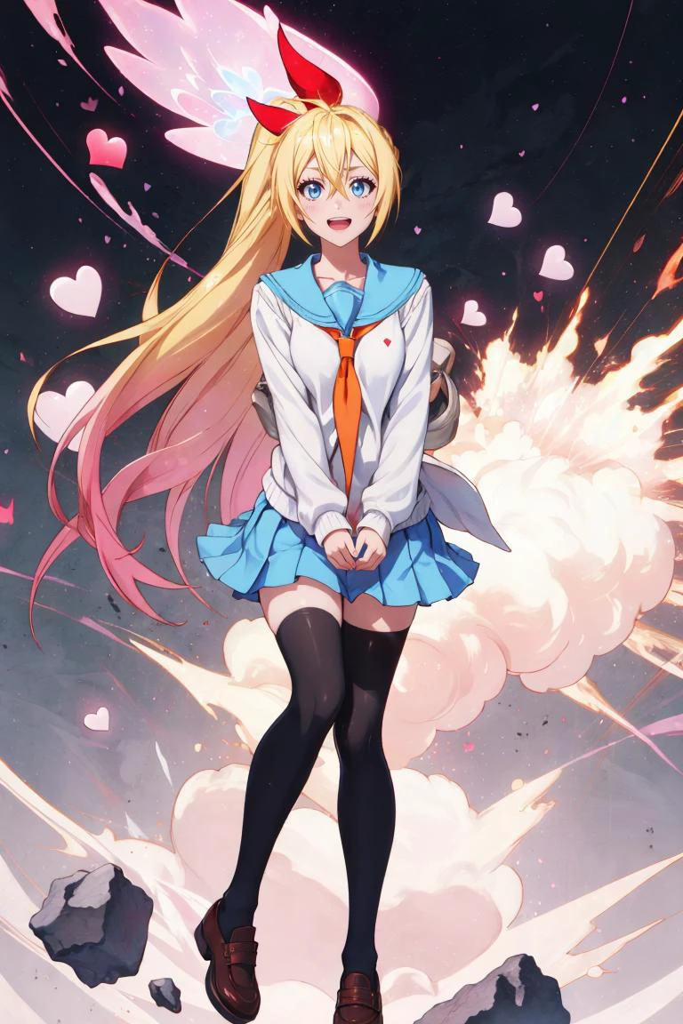 Masterpiece, Best Quality, cupidtech, 1girl kirisaki chitoge blonde hair, blue eyes, hair between eyes, serafuku, :D, school uniform, blue sailor collar, very long hair, ponytail, skirt, collarbone, black thighhighs, shoes, Create an explosive scene of colors erupting and bursting forth from the canvas, with dynamic brushstrokes, splatters, and spontaneous color leaks that convey a sense of unbridled chaos <lyco:GoodHands-beta2:1>, <lora:chitoge_v2:.8> <lora:CupidTech-22:.7>