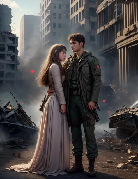 ((best quality)), ((masterpiece)), ((realistic)), (detailed), In the midst of a war-torn city, Alex, a pacifist, and Mia, a peace advocate, stood as defiant symbols of love amid the chaos, Surrounded by destruction, they held hands, hearts brimming with compassion, Their love became a force against hatred, kindling hope for a peaceful tomorrow, ((masterpiece)), absurdres, HDR, <lora:add_detail:1>, <lora:LowRA:0.5>, <lora:CupidTech:0.9>